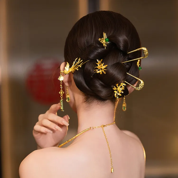 G393新娘头饰新中式金色简单流苏簪子龙凤褂旗袍婚礼古风步摇配饰