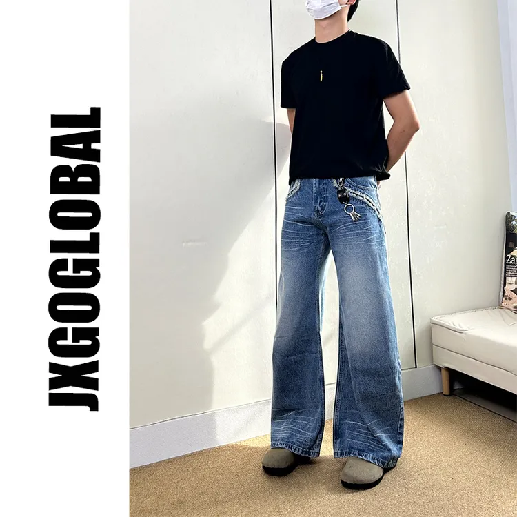 JXGOGLOBAL美式复古做旧猫须口袋毛边弯刀牛仔裤男女潮直筒长裤子