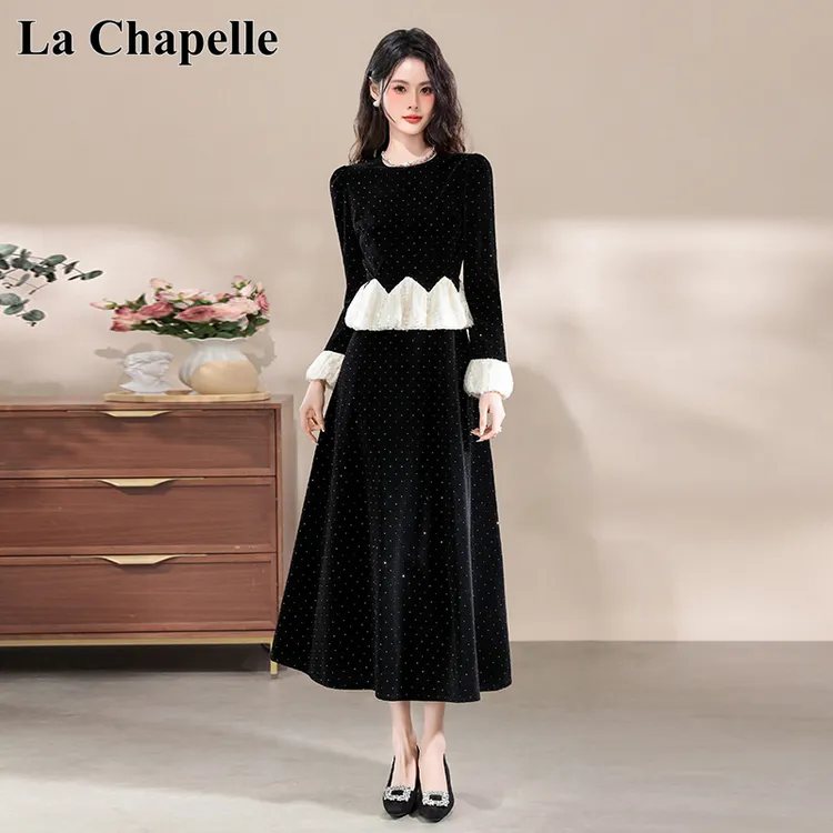 拉夏贝尔高级感小香风名媛气质收腰蓬蓬长袖丝绒两件套连衣裙女款