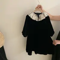 【安安家】秋季新款森系女童蕾丝花边纯色丝绒连衣裙童裙R25463