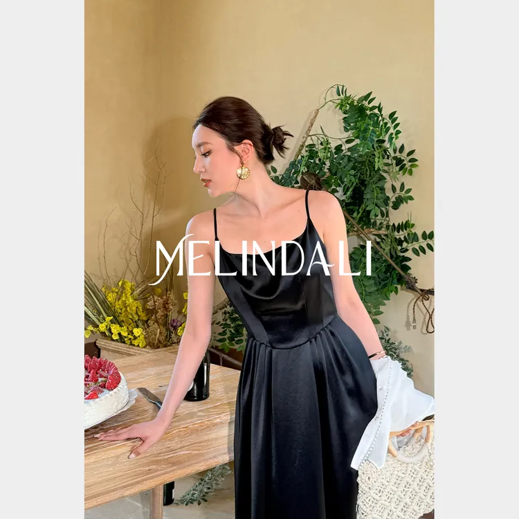Melinda Li【黑巧赫本】重磅醋酸抽褶收腰设计感吊带连衣裙小黑裙