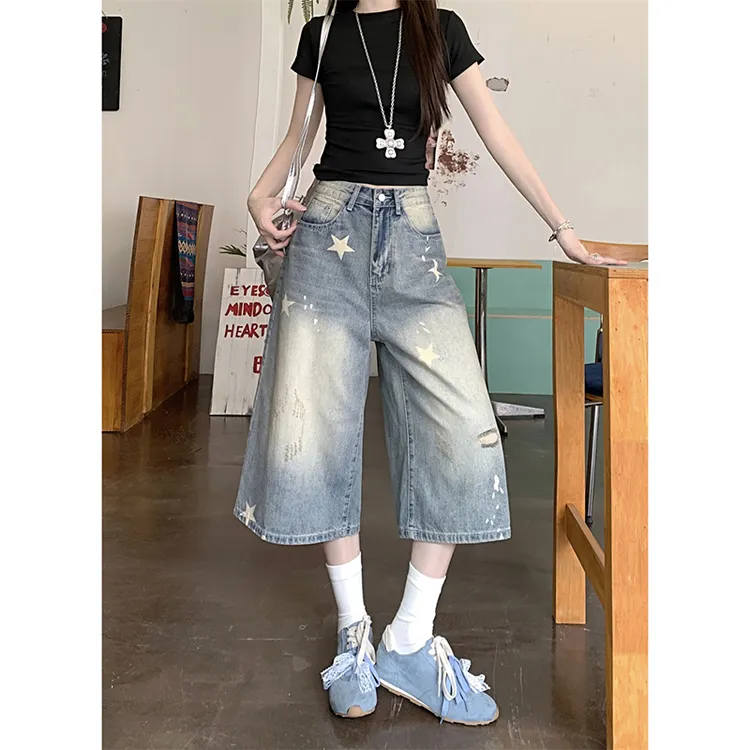 美式复古七分牛仔裤女夏季新款星星印花破洞宽松直筒显瘦阔腿中裤