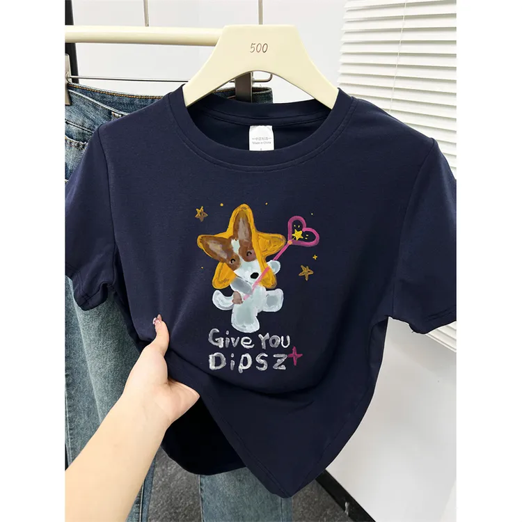 大码微胖正肩短袖t恤女夏季洋气圆领狗狗印花胖mm遮肉半袖上衣潮