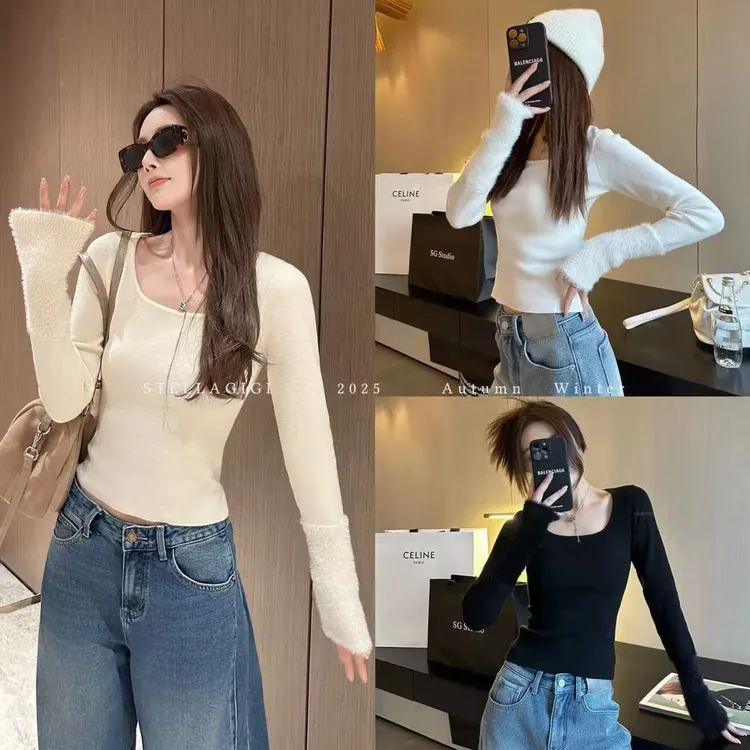 SG / 杨依姗 AW毛绒袖口拼接设计针织毛衣打底衫T-20252293