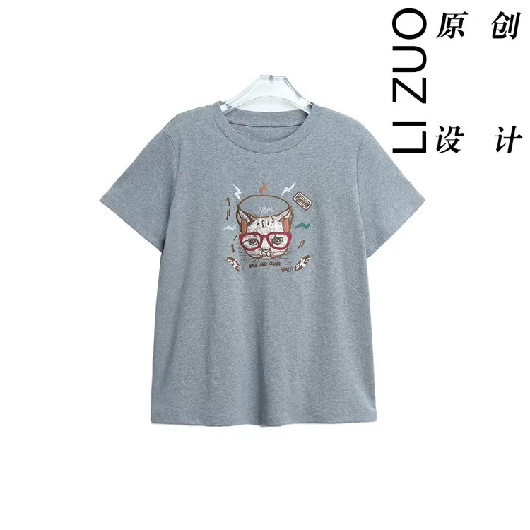 大码胖mm百搭仙女精密罗纹高弹刺绣圆领灰色小猫t恤上衣9381
