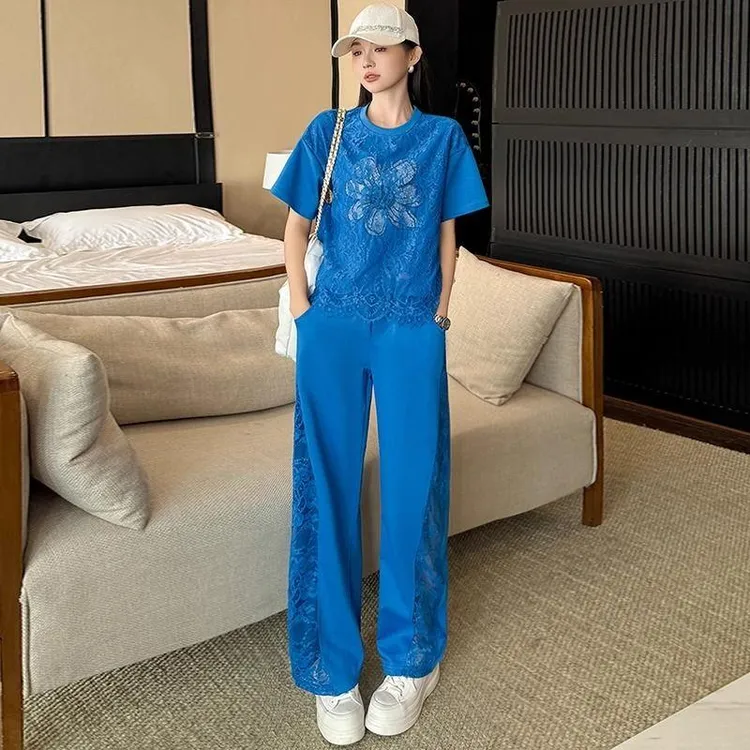 2025夏欧货炸街休闲运动套装女洋气显瘦蓝色短袖T恤阔腿裤两件套