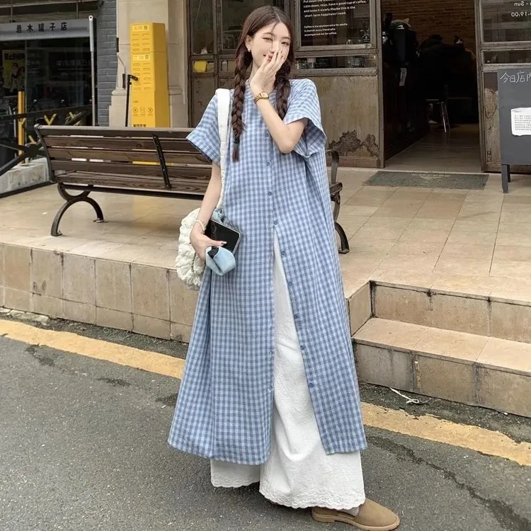 小个子叠穿两件套150韩系设计感宽松中长格子衬衣裙＋阔腿裤裙