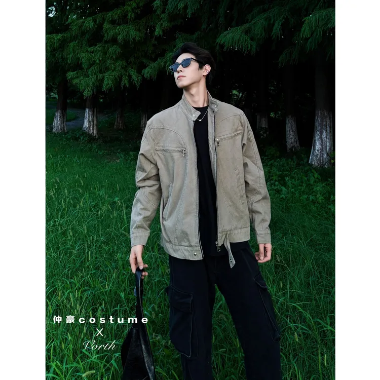 「仲豪」美式重工石磨沙洗哈灵顿夹克复工帆布休闲立领外套