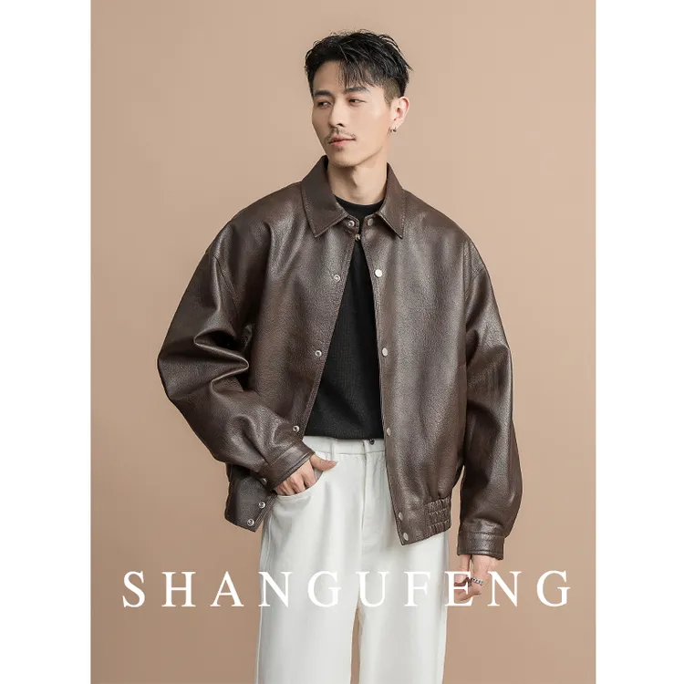 SHANGUFENG冬季巴恩风复古皮衣外套男美式休闲翻领机车皮夹克外套