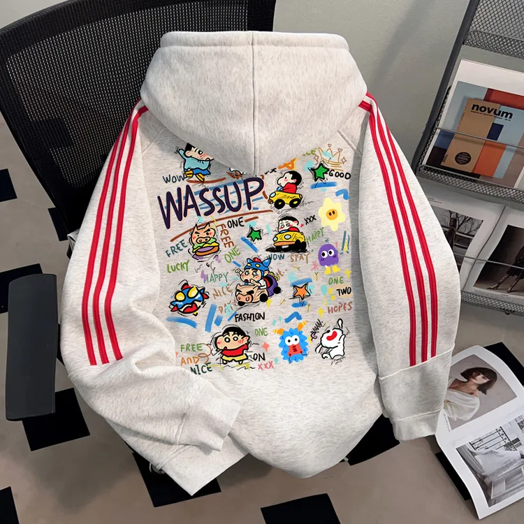 WASSUP HSUBE趣味卡通蜡笔小新连帽开衫卫衣重磅潮牌三条杠外套潮