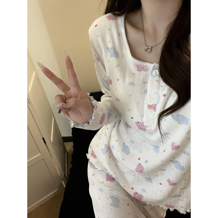甜美简约小象印花睡衣女春秋季新款休闲长袖长裤家居服套装可外穿