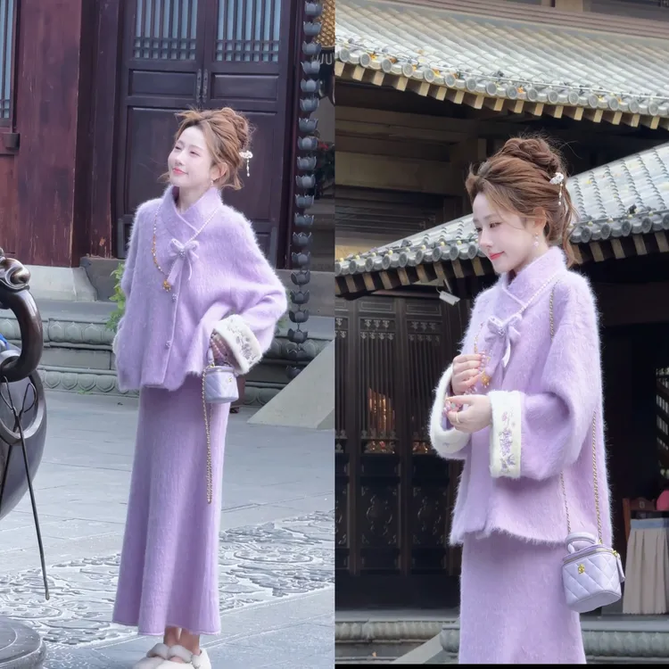 【婷婷】《江南•紫气东来》国风版刺绣拉绒紫色套装25DK8030