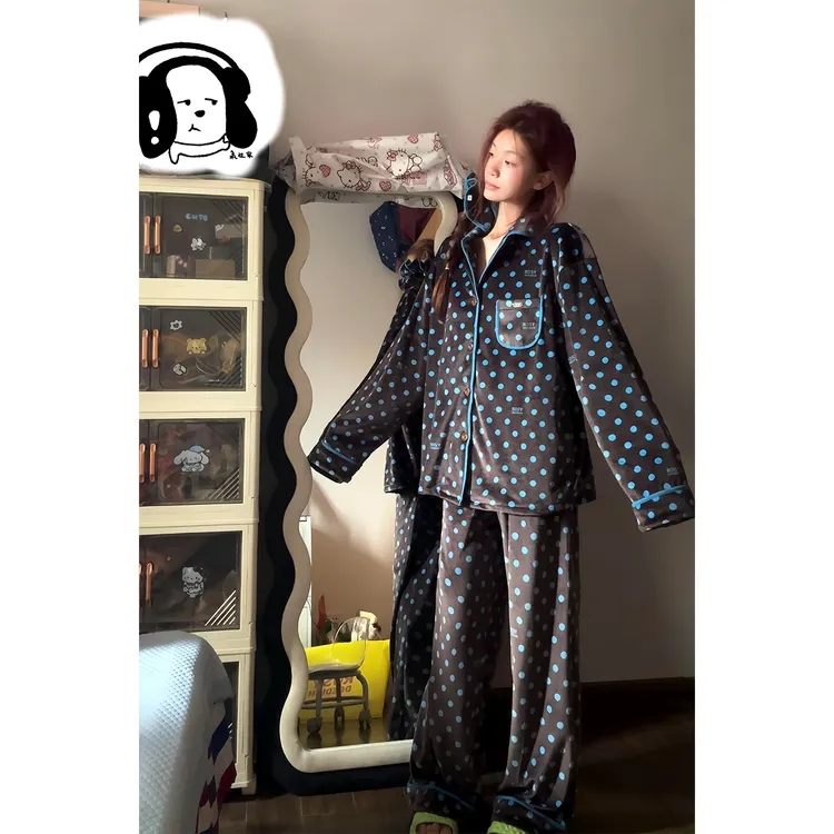 露丝同款波点法兰绒睡衣女冬季新款保暖家居服长袖长裤套装可外穿