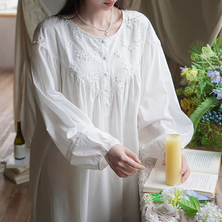 睡裙女春秋睡衣女款2025新款长袖秋季可外穿日系刺绣纯棉复古法式