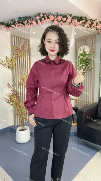 时尚百搭修身显瘦掐褶收腰气质感镶钻蕾丝边纯色长袖衬衫L1712