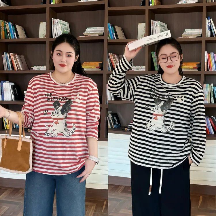 花契“烟汀傍晚”大码女装秋季显瘦200斤胖mm韩版俏皮长袖T 8992-F