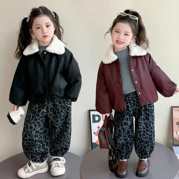女童皮衣豹纹裤套装加绒加厚秋冬2025新款儿童初冬女小童三件套潮