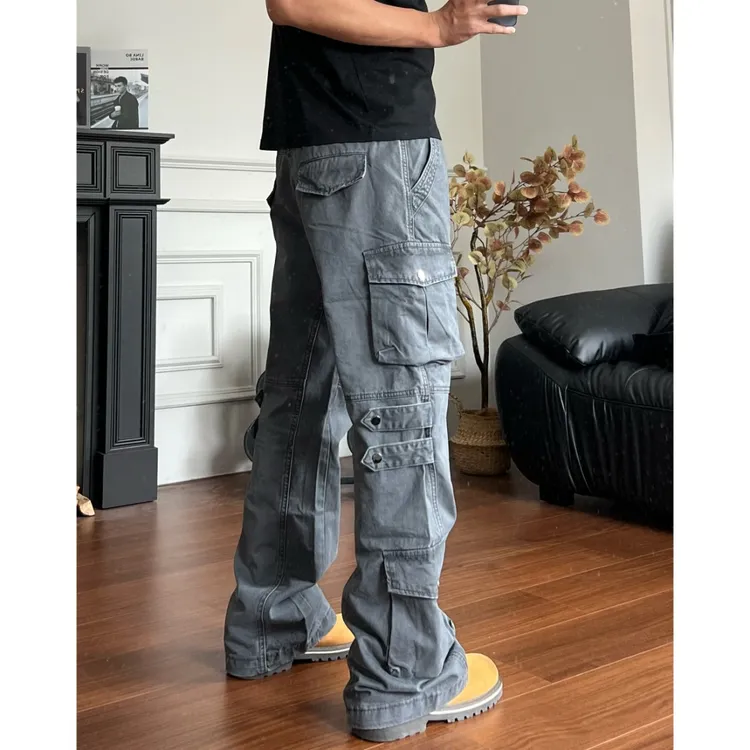 黑熊美式高街痞帅硬挺多口袋微喇水洗做旧牛仔裤显瘦工装裤男777