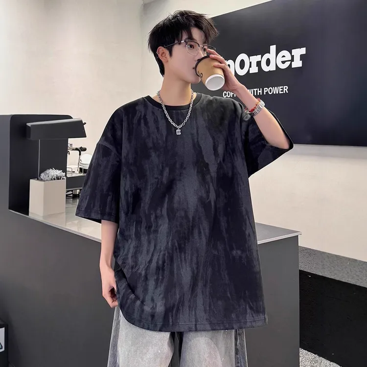 美式复古扎染泼墨圆领短袖T恤男夏季港风潮牌男士男条纹长袖t恤