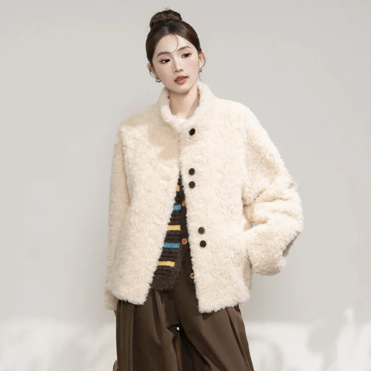 100绵羊羔毛韩系立领2025冬季新款羊剪绒皮毛一体皮草外套女短款