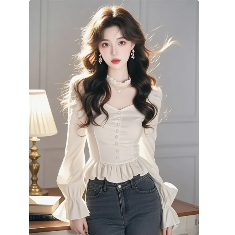 白色高级感荷叶边长袖衬衫女春秋2025新款设计感小众修身显瘦上衣