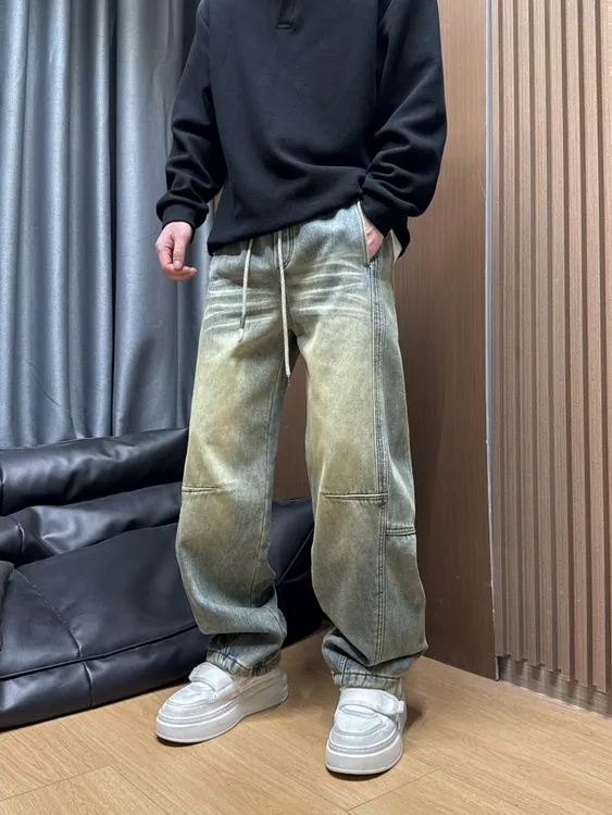 美式高街复古做旧拼接保暖加绒休闲水洗加厚百搭直筒垂感牛仔裤男