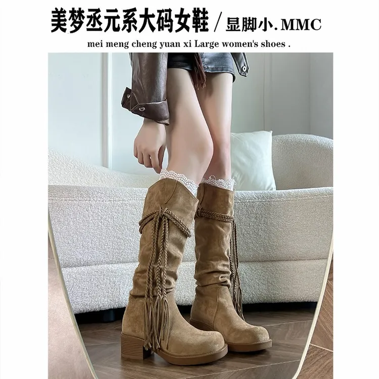 复古粗跟长筒靴秋冬新款百搭胖MM粗腿大筒围流苏靴显瘦中筒堆堆靴