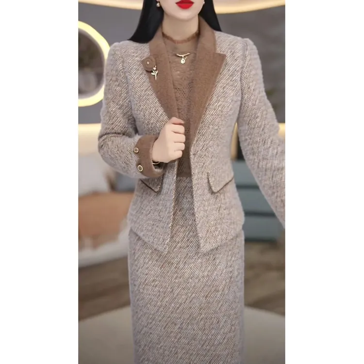 慕诗秋冬新款小香风优雅贵妇气质外套连衣裙两件套6313