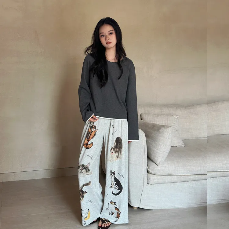 及好新款睡衣女春秋款纯棉假两件长袖宽松可外穿家居服秋冬套装