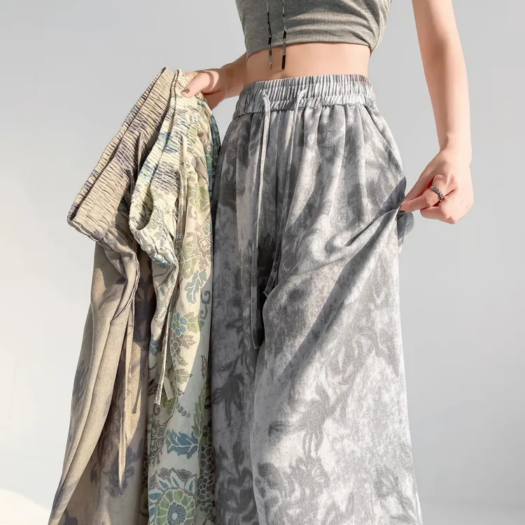 棉麻冰丝印花阔腿裤女夏季薄款小个子高腰显瘦宽松直筒垂感拖地裤
