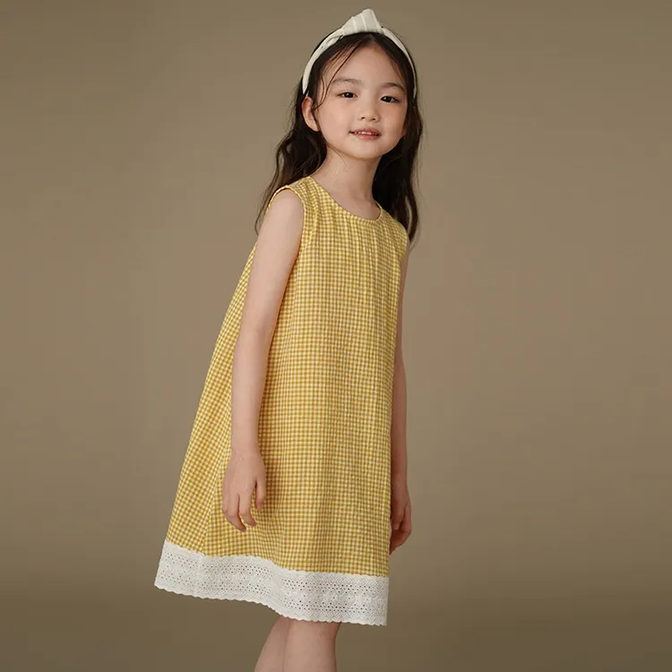哈齿童装儿童背心裙黄色格子拼接连衣裙女童中长裙女孩夏装25新款