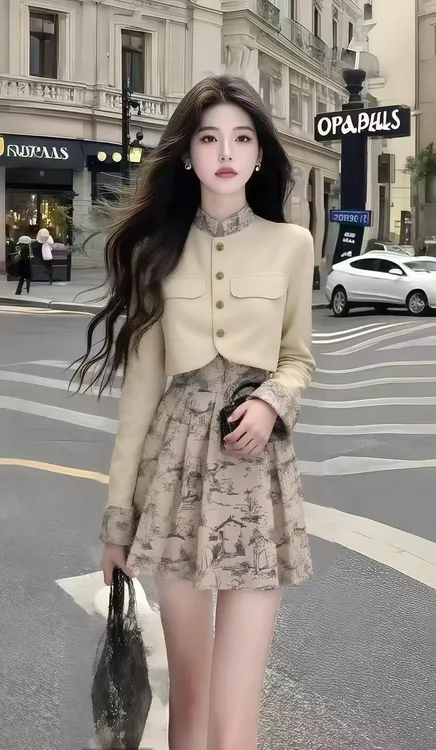 早秋新款时尚小香风杏色立领短款长袖上衣+国风印花半身裙两件套
