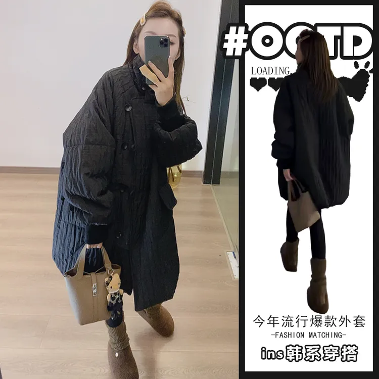 韩剧穿搭设计感棉服女秋冬新款赫本风褶皱休闲中长款时尚减龄外套