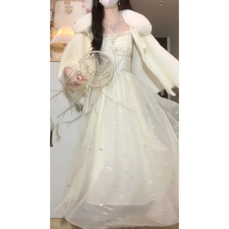 秋冬首发设计款毛衣亮钻盘扣毛毛披肩新中式吊带裙仙女裙套装裙