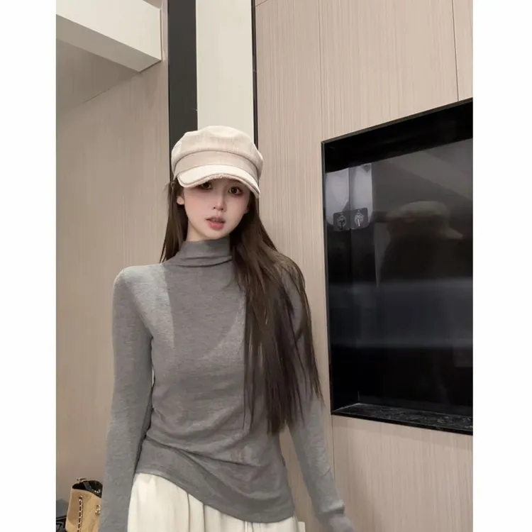 2025早秋新款半高领修身设计感洋气面膜衫长袖女T恤内搭打底衫女
