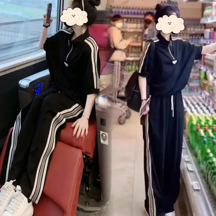 撞色条纹休闲运动套装女夏韩系洋气减龄显瘦黑色短袖阔腿裤两件套