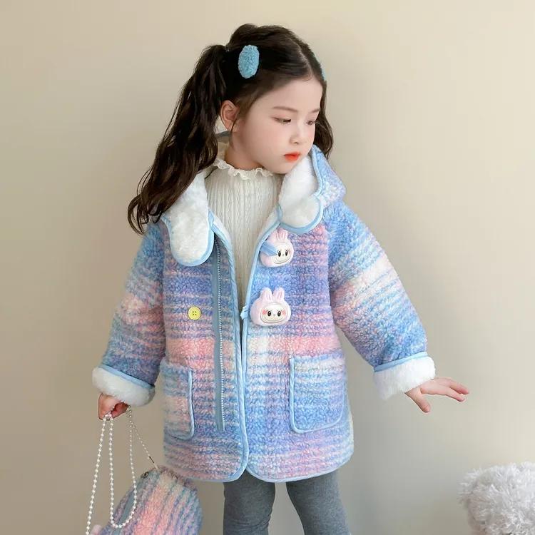 女童外套秋冬装2025新款童装反季卡通加绒加厚保暖羊羔绒连帽大衣