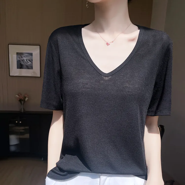 100%莱赛尔天丝短袖新款薄款气质V领短袖T恤女显瘦百搭高级感洋气