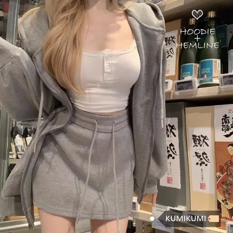 反季直降 连帽开衫卫衣外套休闲套装女2025秋廓形上衣半裙两件套