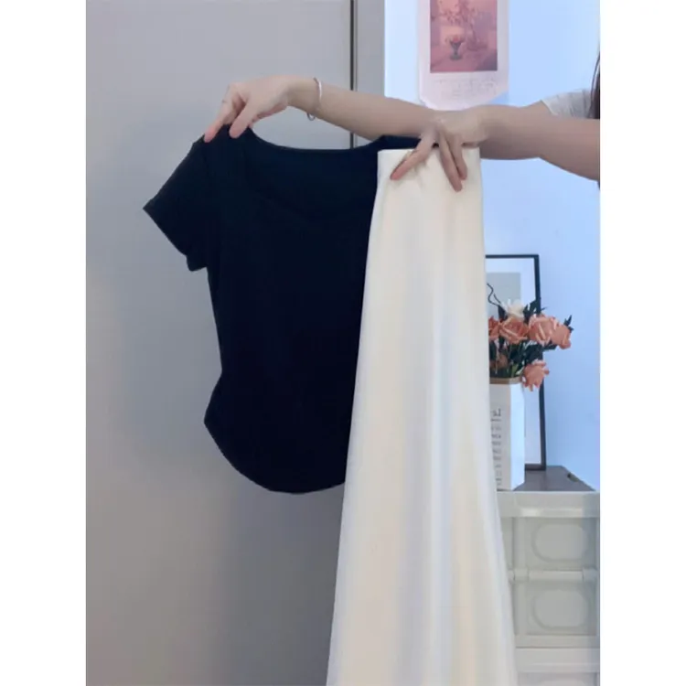 夏季穿搭甜辣减龄修身显瘦短袖上衣女高腰宽松百搭半身裙子两件套