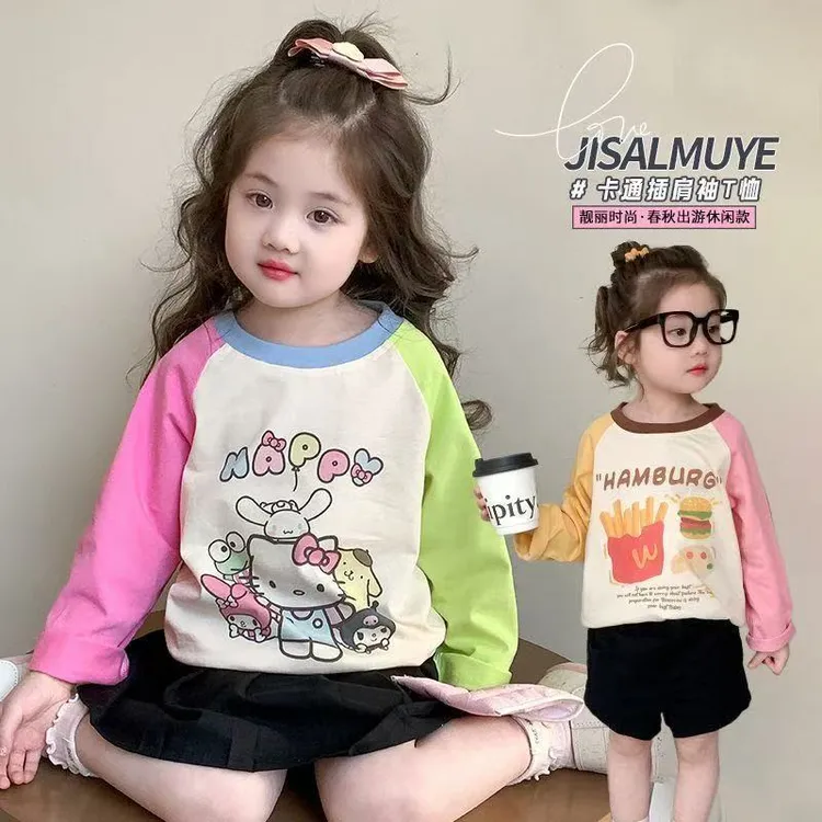 【秋季新品】女童插肩袖打底衫25年新款卡通长袖T恤女孩拼色上衣