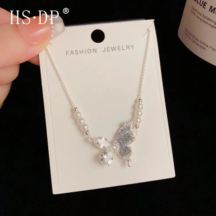 铜陶瓷项链 小众设计感蓝水晶拼接蝴蝶珍珠项链时尚清冷感锁骨链