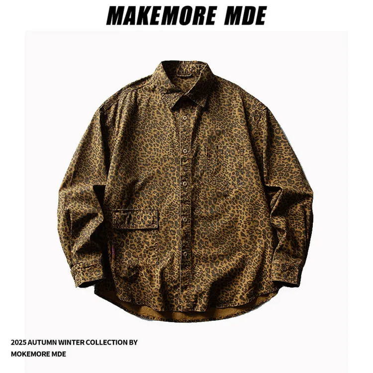 Makemore重磅美式复古豹纹衬衫男士宽松休闲工装情侣日系纯棉外套