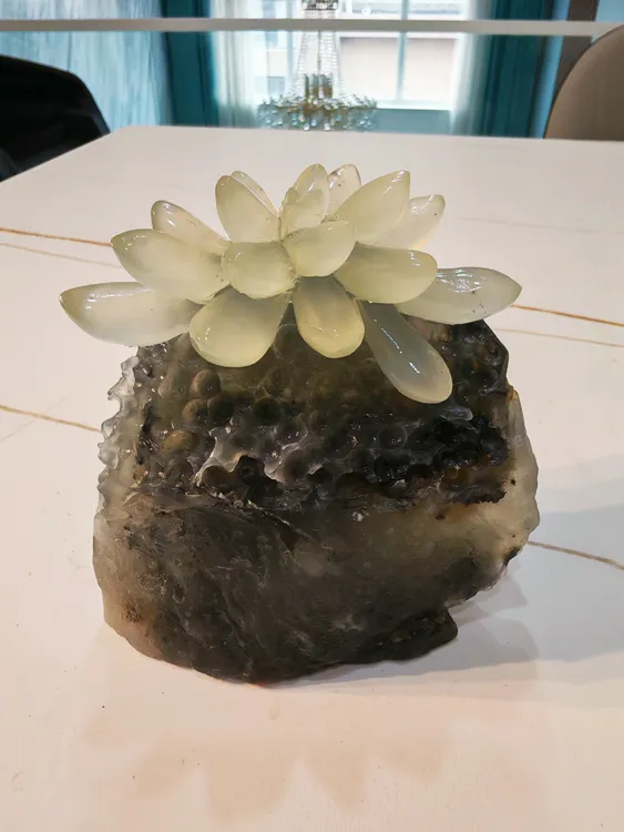 天然岫玉水墨多肉摆件，高约10cm，长约10cm，原石手工雕刻