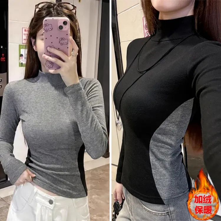 【加绒加厚】小众正肩秋冬德荣百搭长袖插色半高领显瘦打底衫S11465