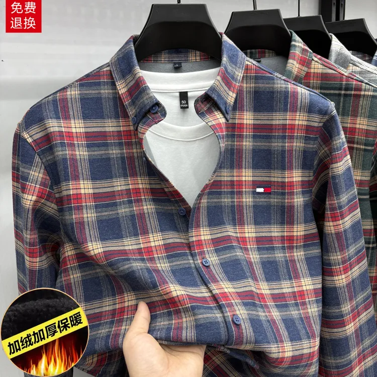 正品Tommy汤米秋冬加厚加绒格纹衬衫长袖磨毛保暖休闲格子衬衣男