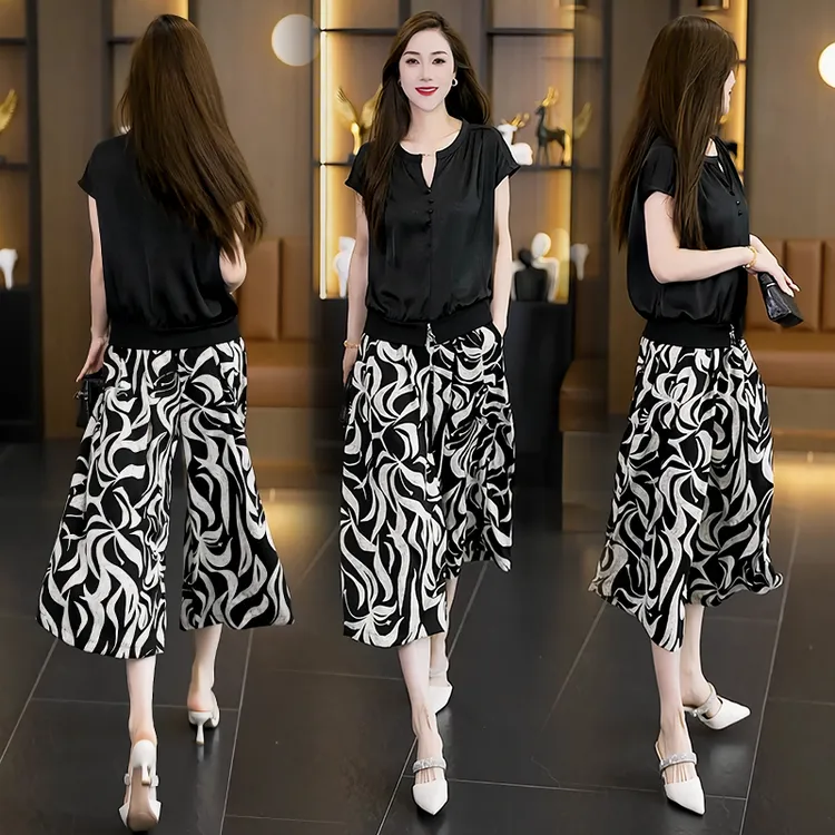 2025夏季新款时尚套装洋气减龄短袖小衫＋休闲裙裤显瘦气质两件套