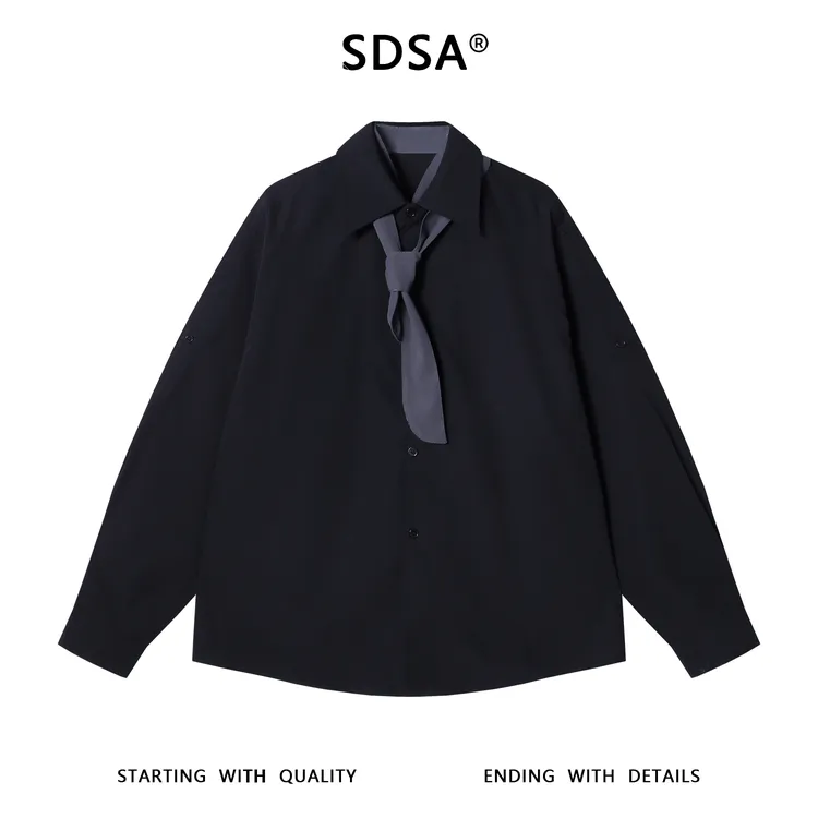 SDSA男士秋冬新款痞帅男装潮牌撞色领带长袖衬衫复古网红款衬衣