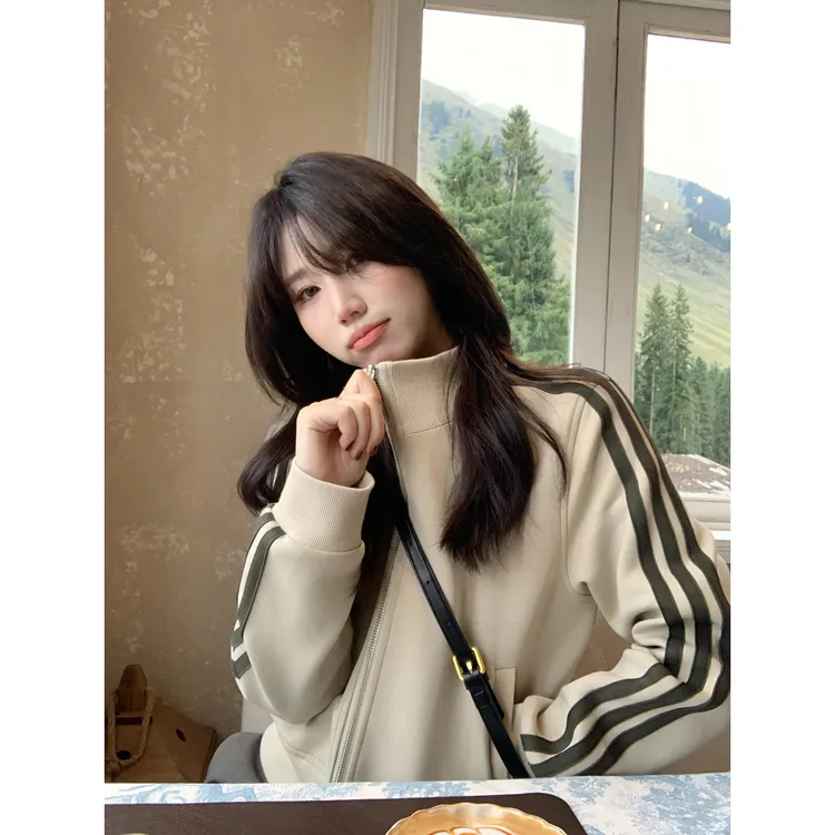 加绒立领卫衣女短款三条杠外套2025秋冬新款拉链上衣开衫小个子款