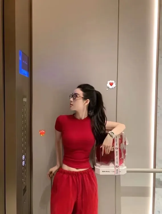 韩系正肩T恤短袖松紧阔腿裤休闲裤红色显瘦老钱风